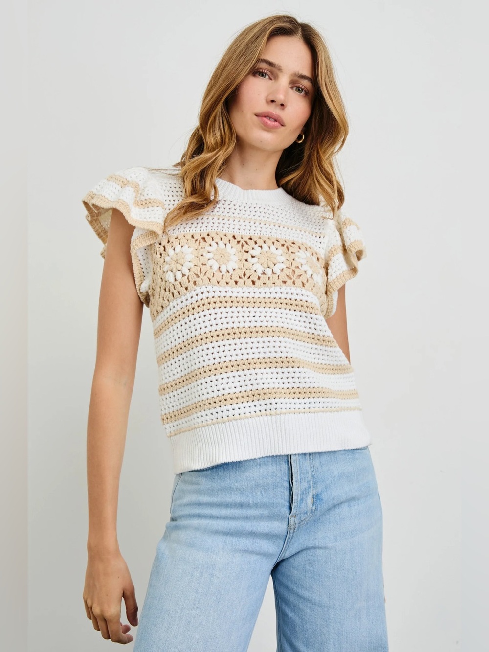 Rails Penelope Top Sweater Ivory Oat Crochet Stripe Size Medium